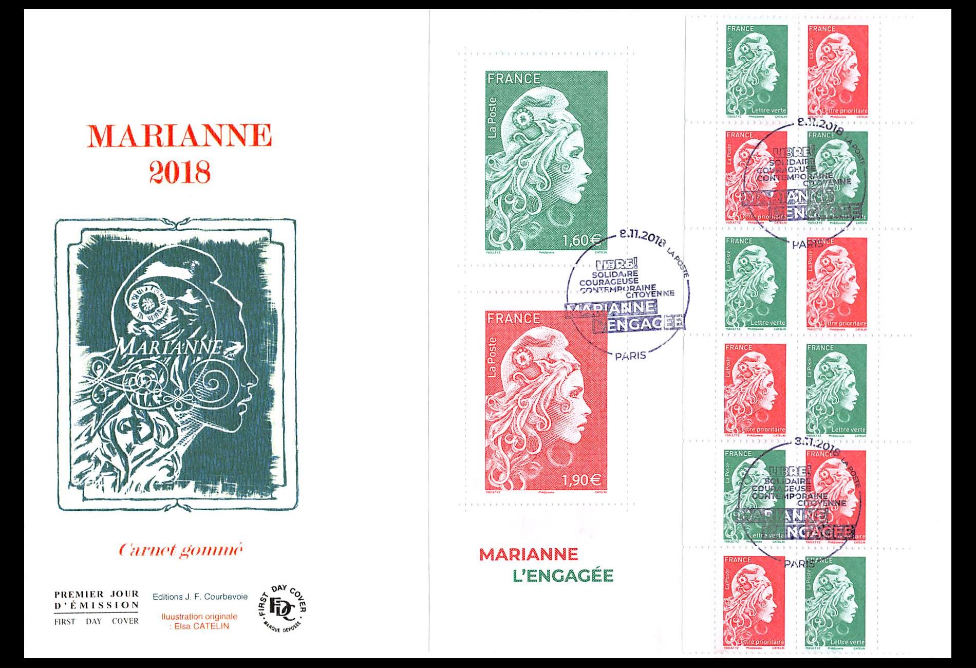 FDC GF JF - Carnet gommé Marianne l'engagée - 8/11/2018 Paris