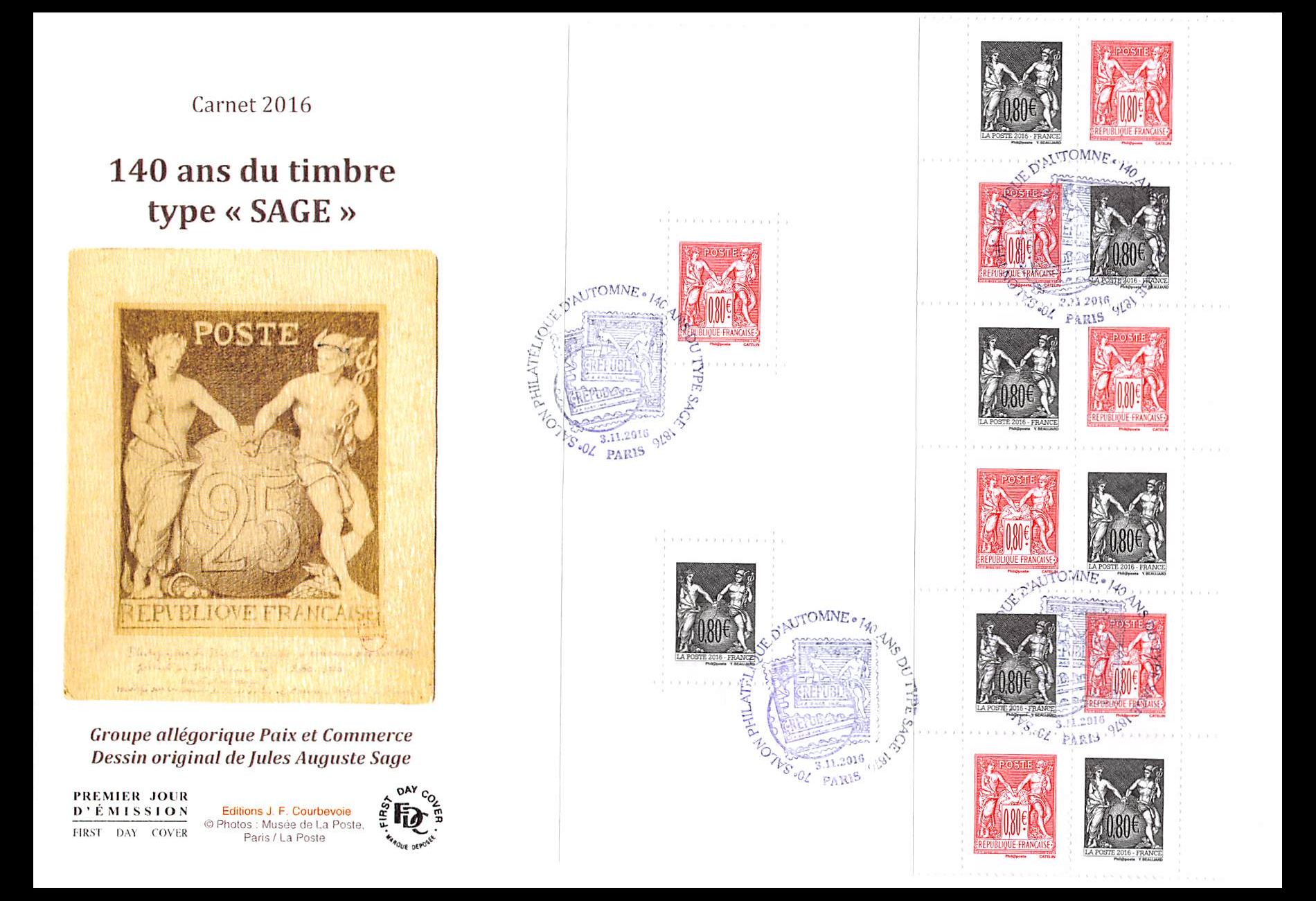 FDC GF JF - Carnet entier 140 ans timbre type Sage, oblit 2/11/2016 Paris