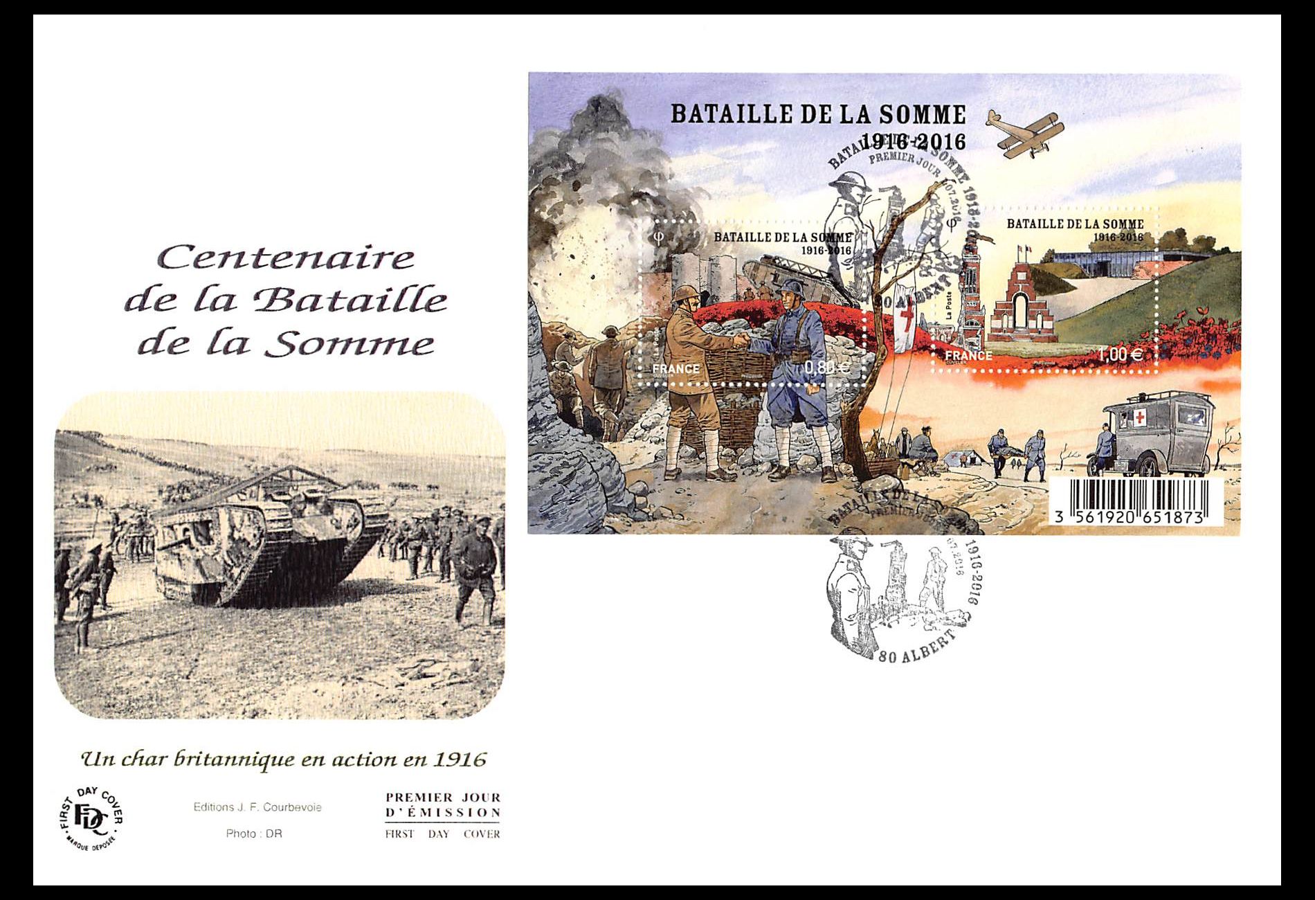FDC GF JF - Bloc centenaire bataille de la somme, oblit 1/7/2016 Albert