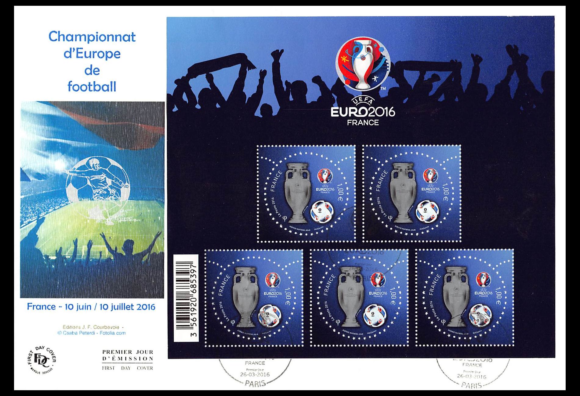 FDC GF JF - Bloc championnat d'Europe de football, oblit 26/3/16 Paris