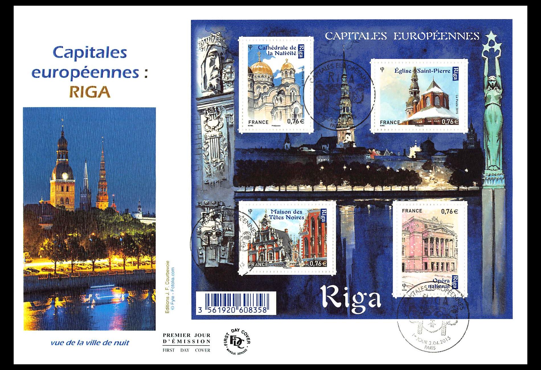FDC GF JF - Bloc Riga, oblit Paris 3/4/15