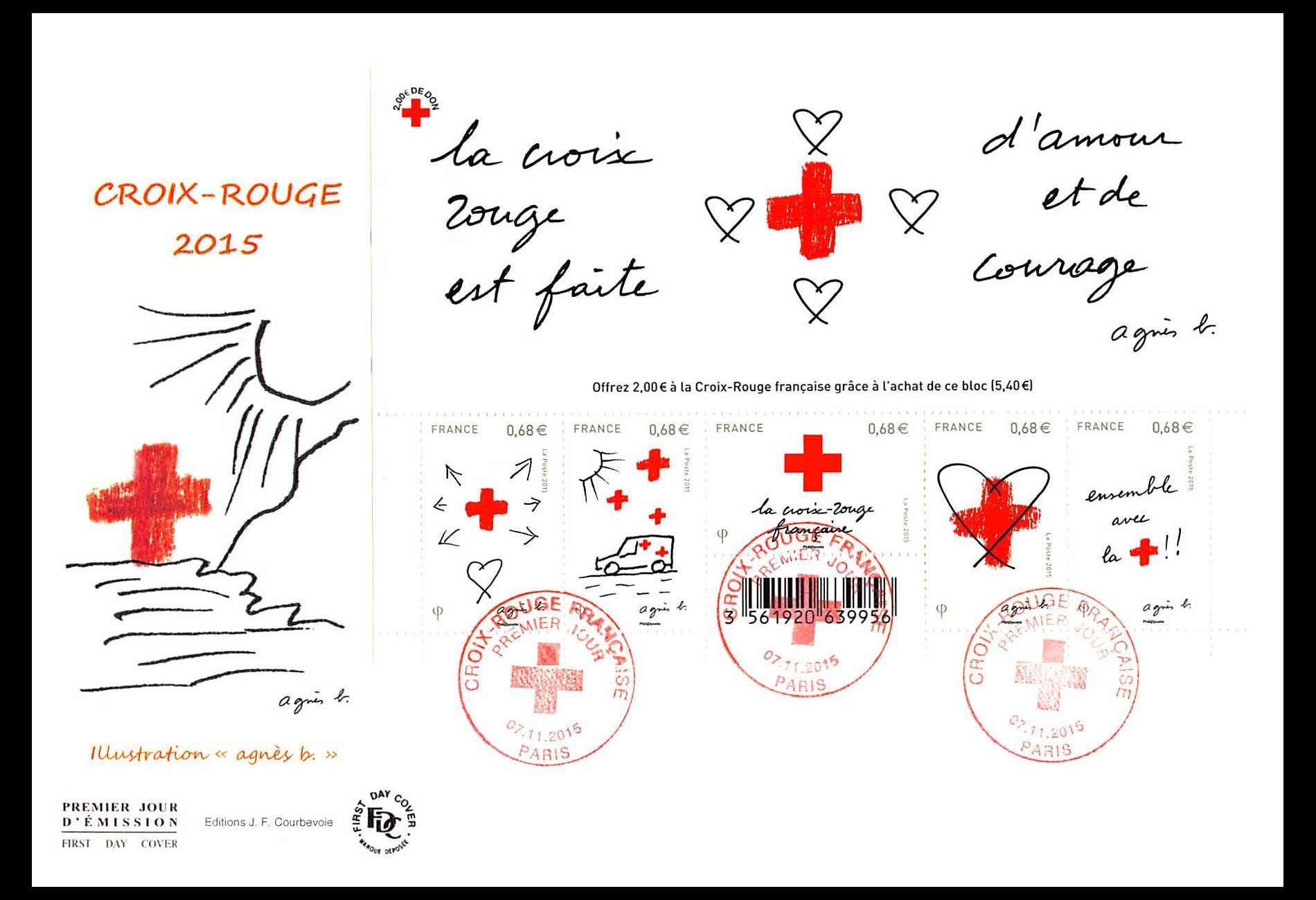 FDC GF JF - Bloc croix rouge 2015, oblit Paris 7/11/15