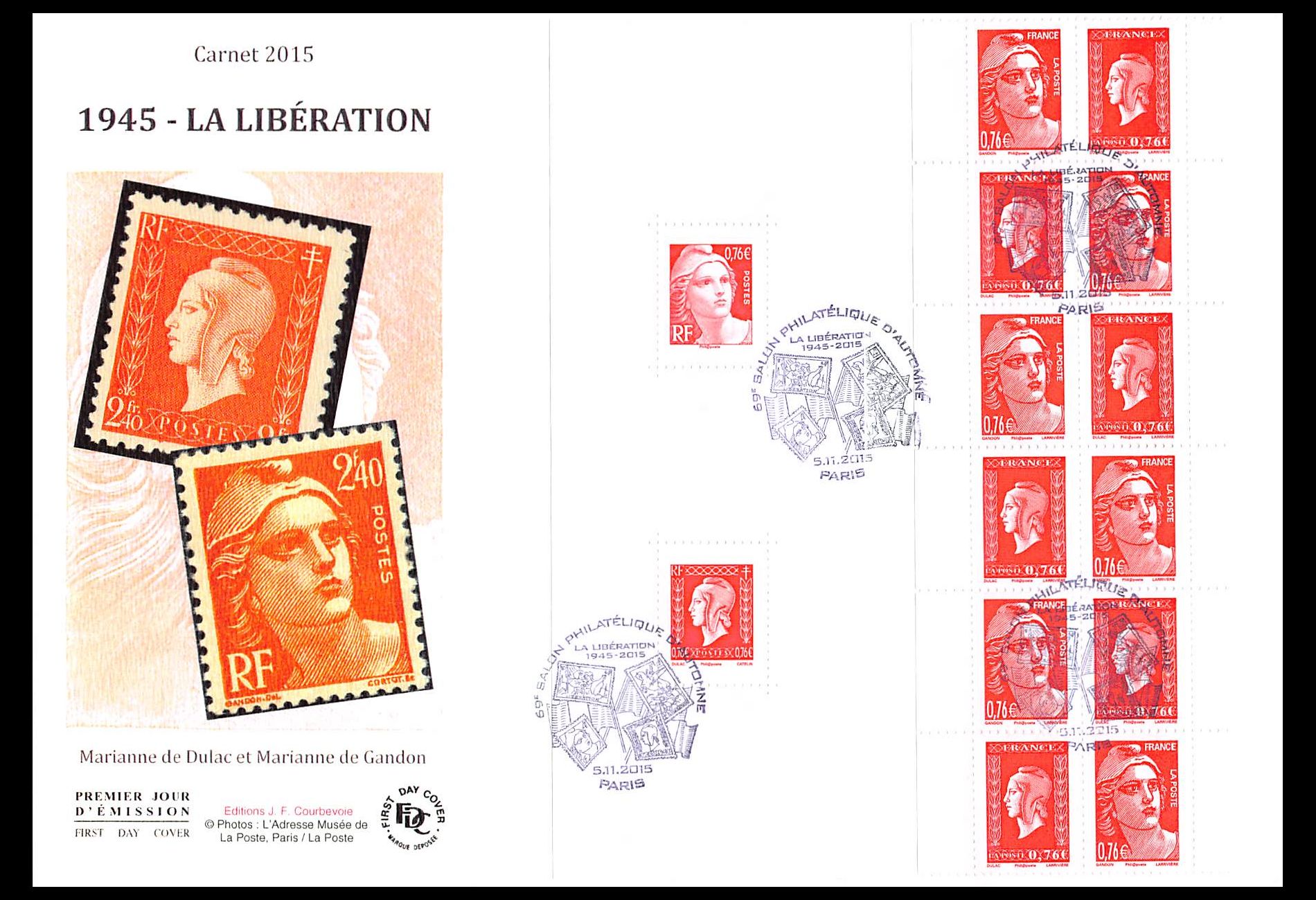 FDC GF JF - Carnet la Libération 1945, oblit Paris 5/11/2015