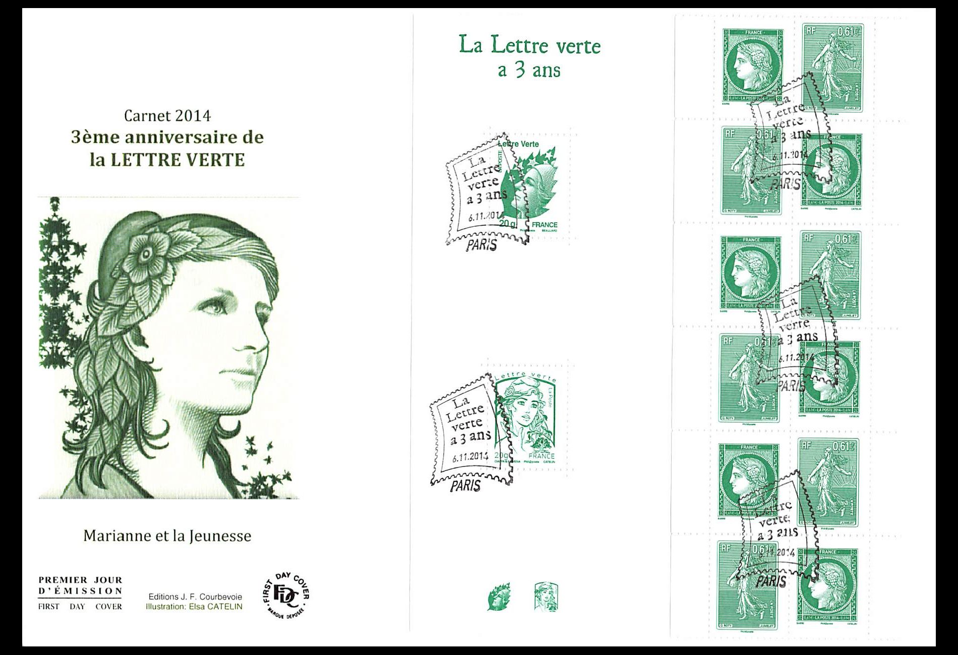 FDC GF JF - Bloc Carnet gommé lettre verte a 3 ans, oblit 6/11/2014 Paris