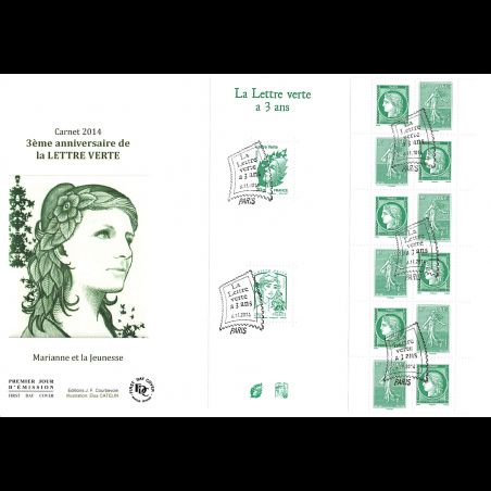 FDC GF JF - Bloc Carnet gommé lettre verte a 3 ans, oblit 6/11/2014 Paris