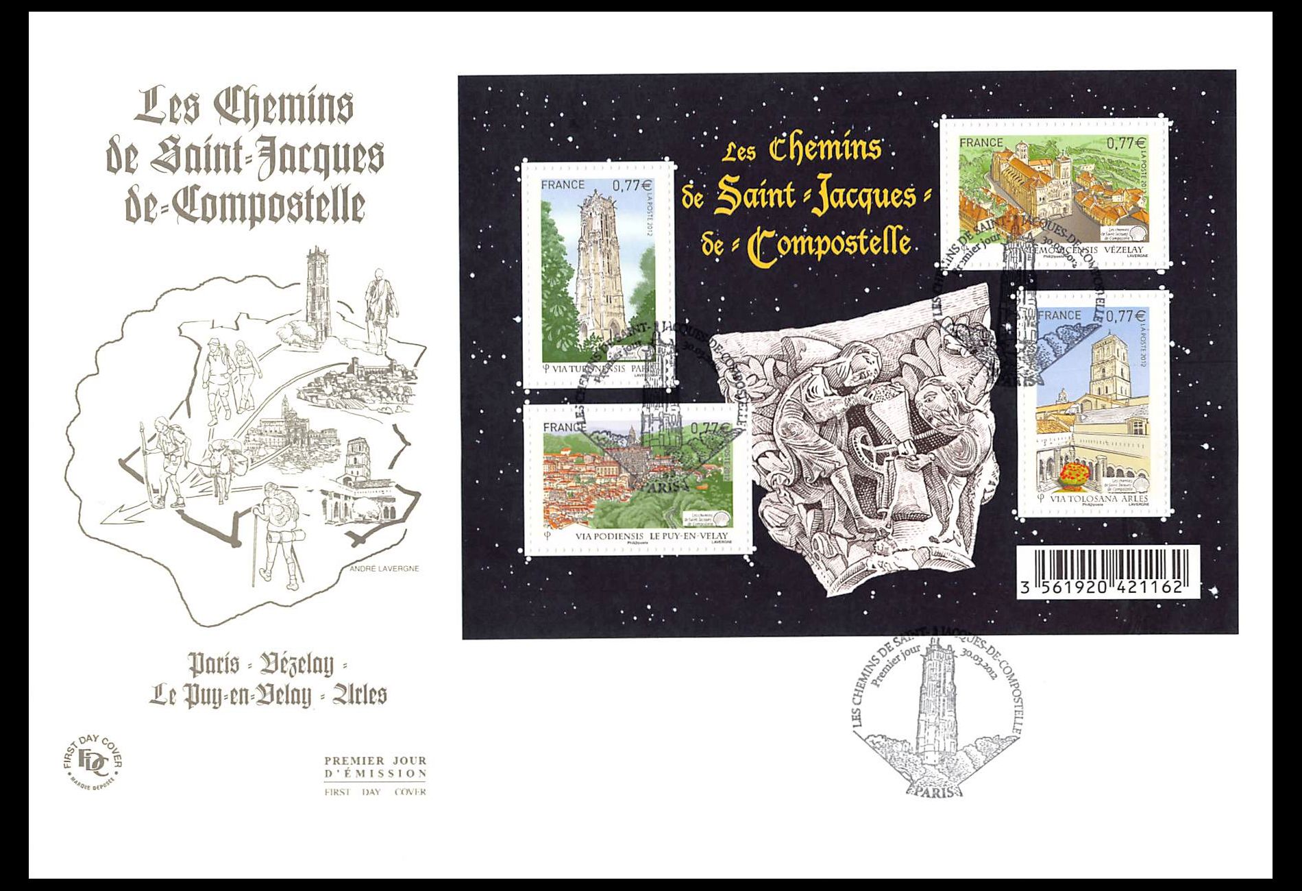 FDC GF JF - Bloc chemins St Jacques de Compostelle, oblit 30/3/2012 Paris