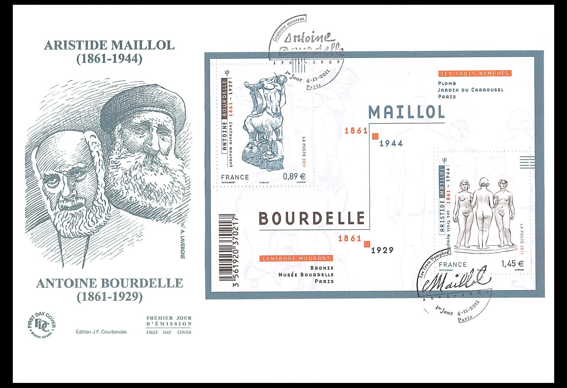 FDC GF JF - Bloc Bourdelle / Maillol, oblit 4/11/2011 Paris