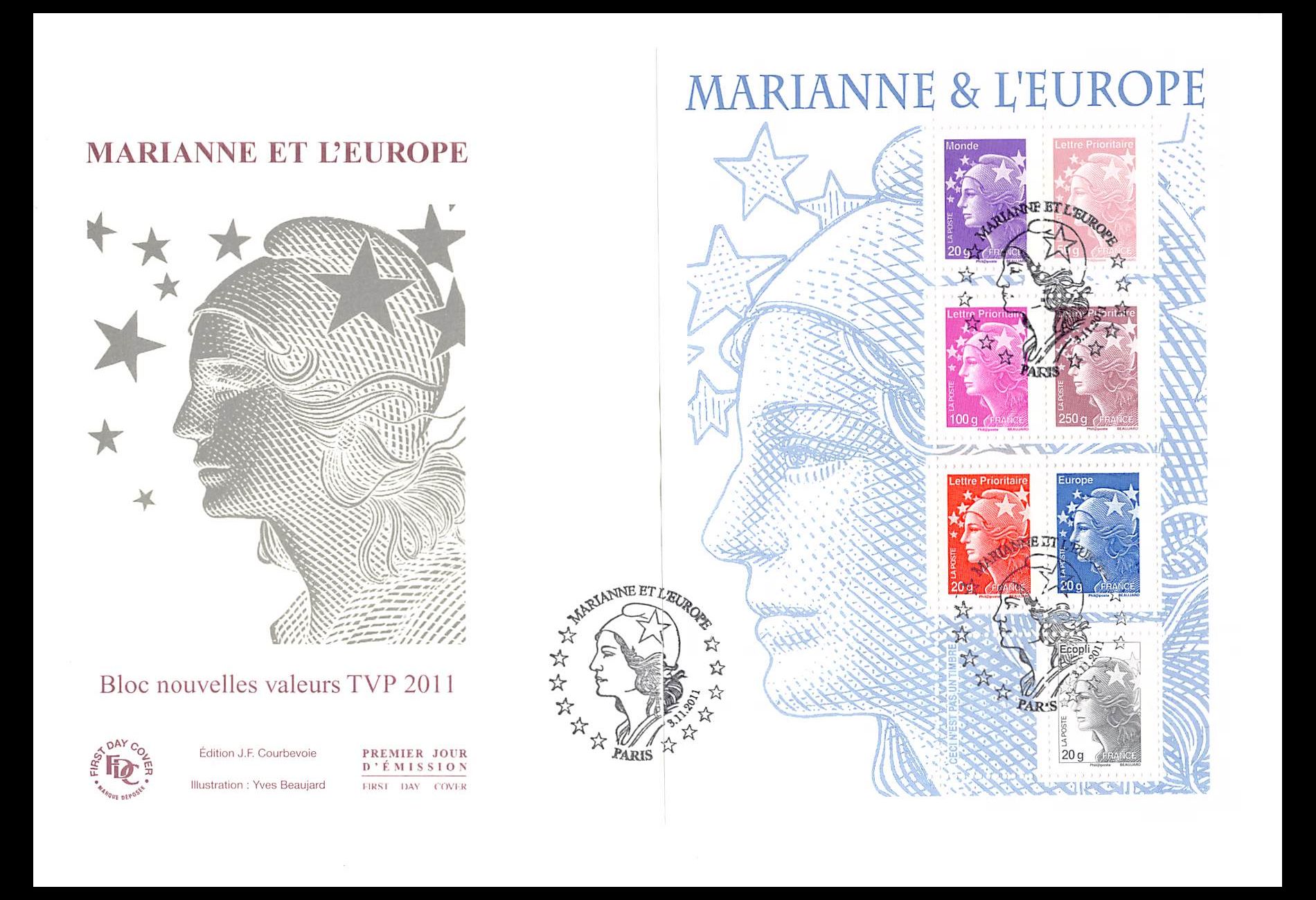 FDC GF JF - Bloc Marianne et l'europe, TVP 2011, oblit 3/11/2011 Paris