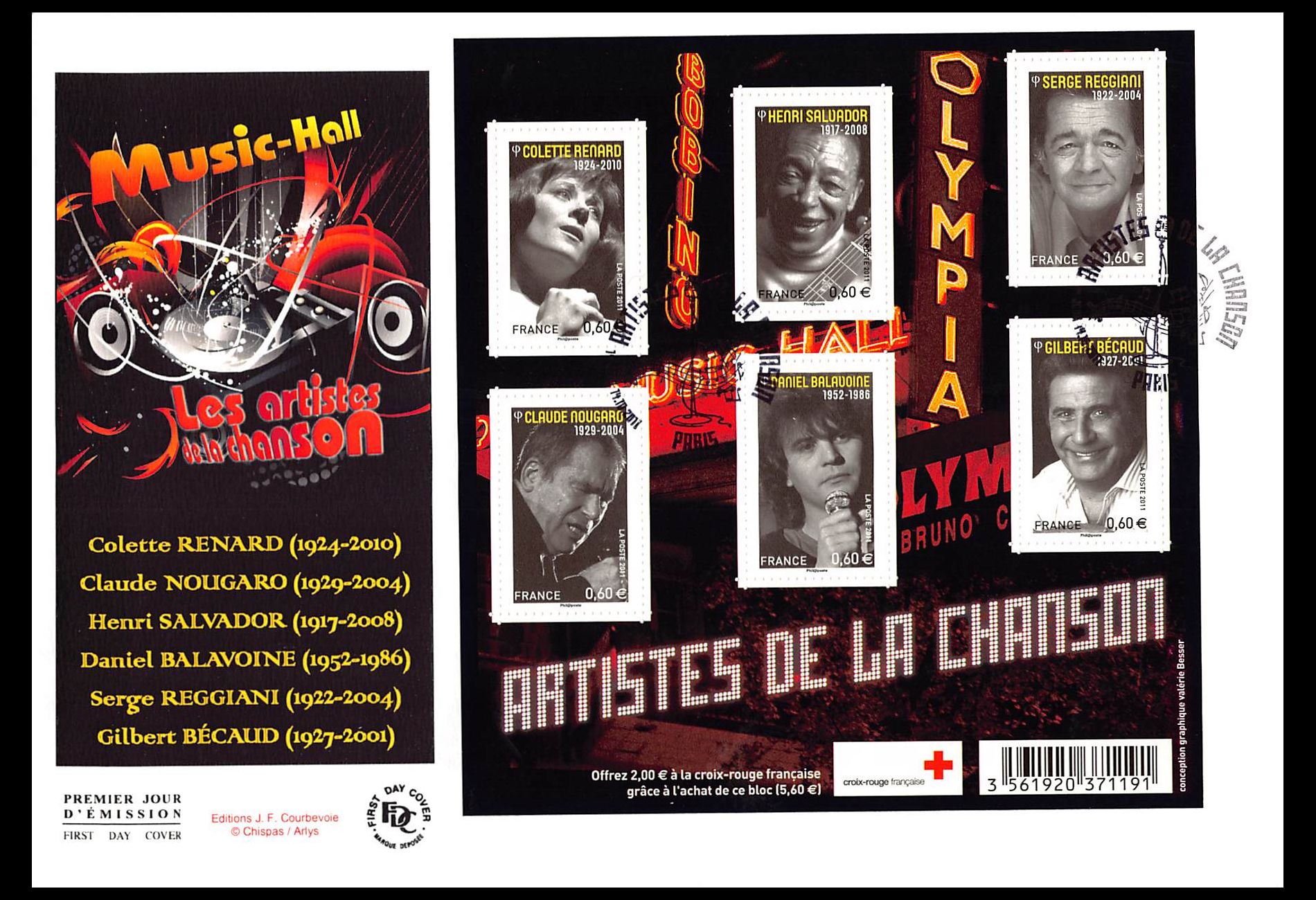 FDC GF JF - Bloc les artistes de la chanson, oblit 14/10/2011 Paris