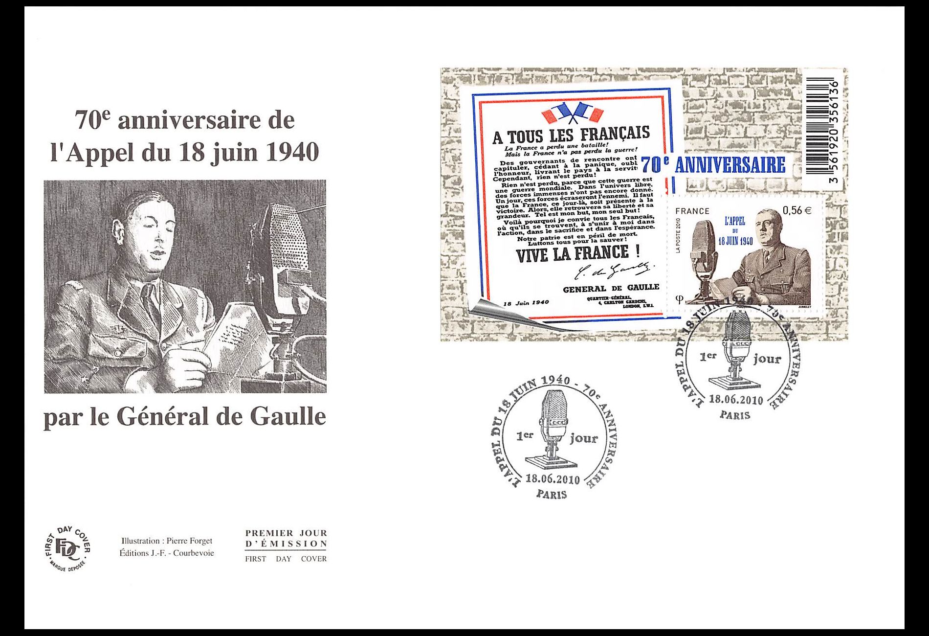 FDC GF JF - Bloc appel du 18 juin 1940 - oblit 18/6/2010 Paris