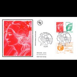 FDC soie - Marianne et l'europe, 1er anniv courrier rapide, oblit 1/10/12 Paris