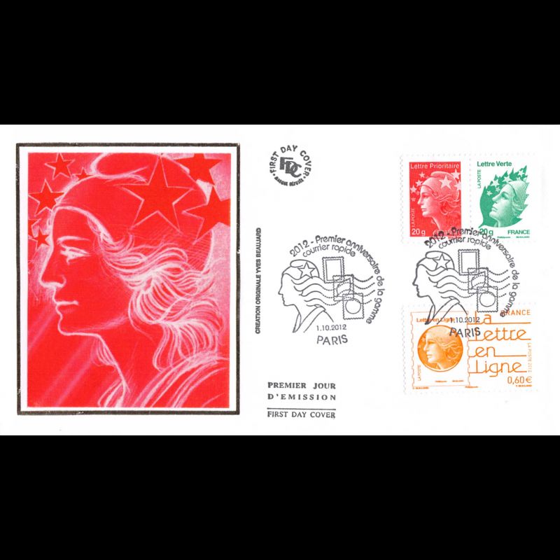 FDC soie - Marianne et l'europe, 1er anniv courrier rapide, oblit 1/10/12 Paris