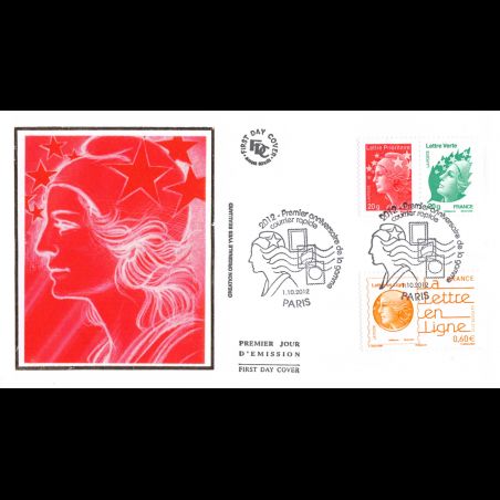 FDC soie - Marianne et l'europe, 1er anniv courrier rapide, oblit 1/10/12 Paris
