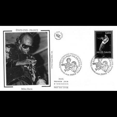 FDC soie - France - Etats unis, Miles Davis, oblit 12/6/2012 Paris