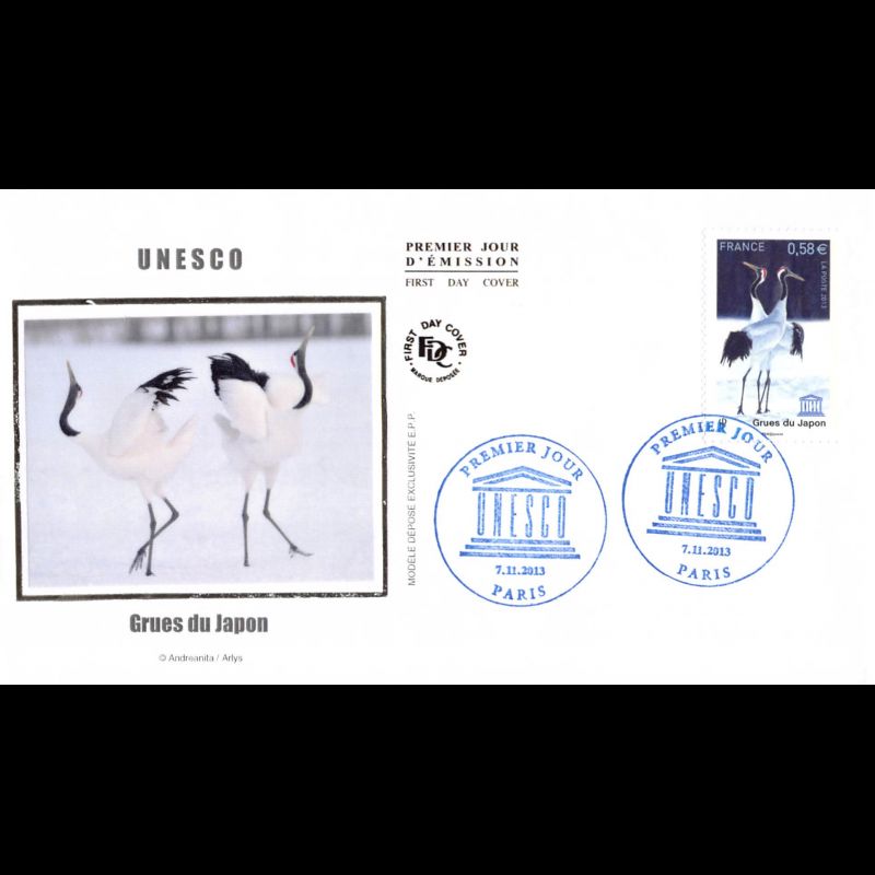 FDC soie - UNESCO 2013, grues du Japon, oblit 7/11/13 Paris