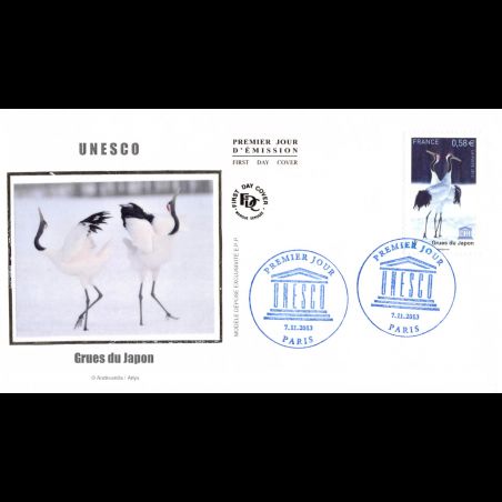 FDC soie - UNESCO 2013, grues du Japon, oblit 7/11/13 Paris