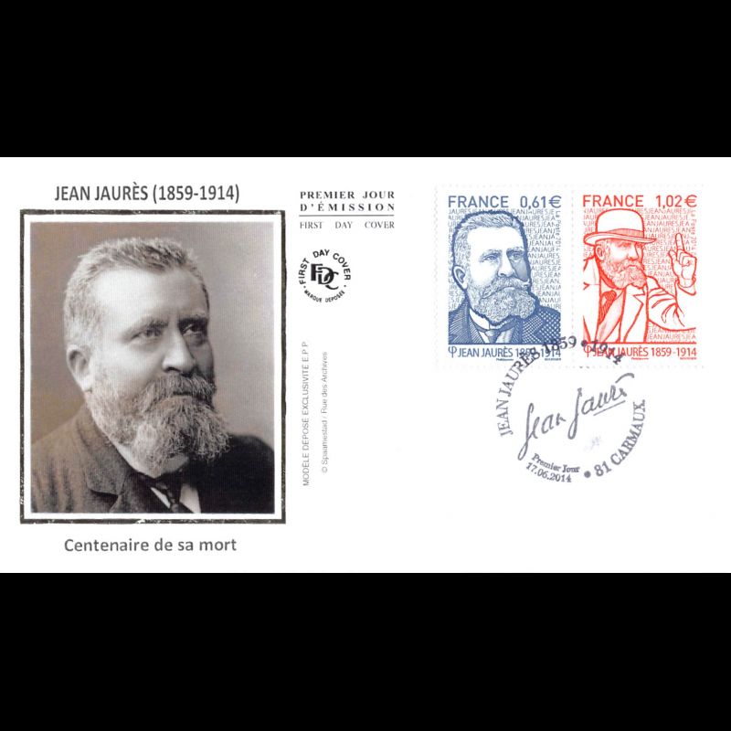 FDC soie - Jean Jaurès, homme politique, oblit 17/6/14 Carmaux