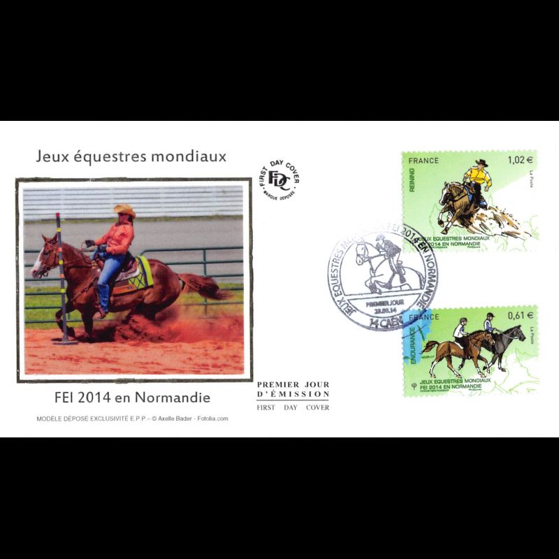 FDC soie - Jeux équestres mondiaux (4891, 4897), oblit 23/8/14 Caen