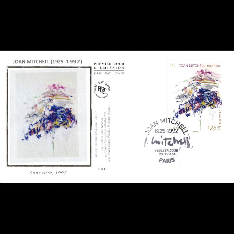 FDC soie - Tableau Joan Mitchell, oblit 28/3/14 Paris
