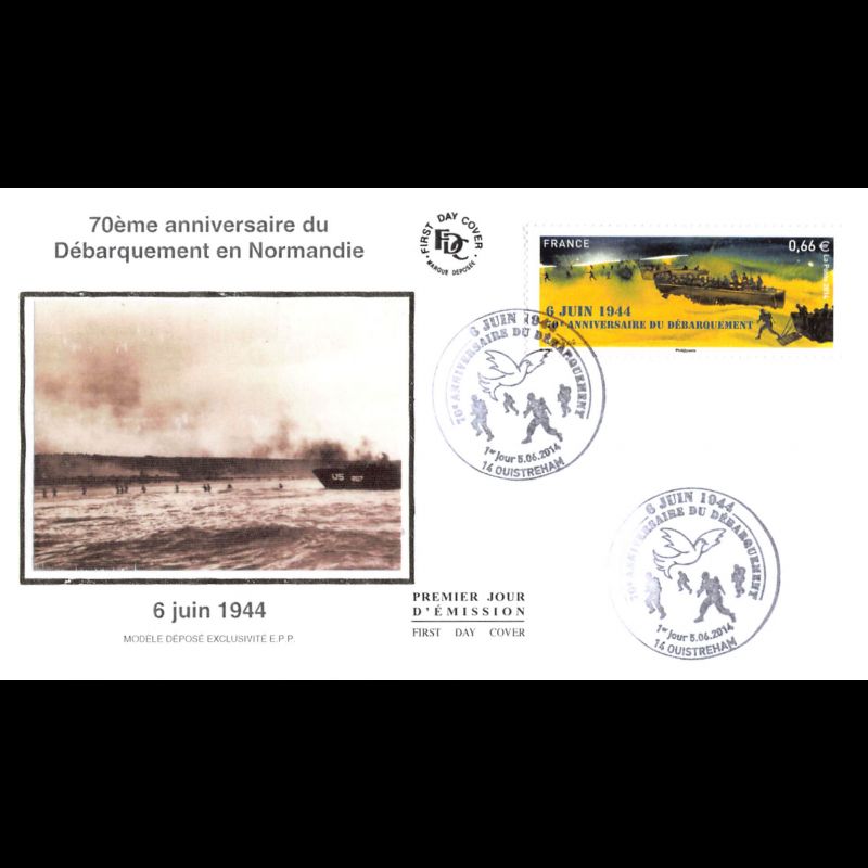 FDC soie - 70e anniv du débarquement en Normandie, oblit 5/6/14 Ouistreham
