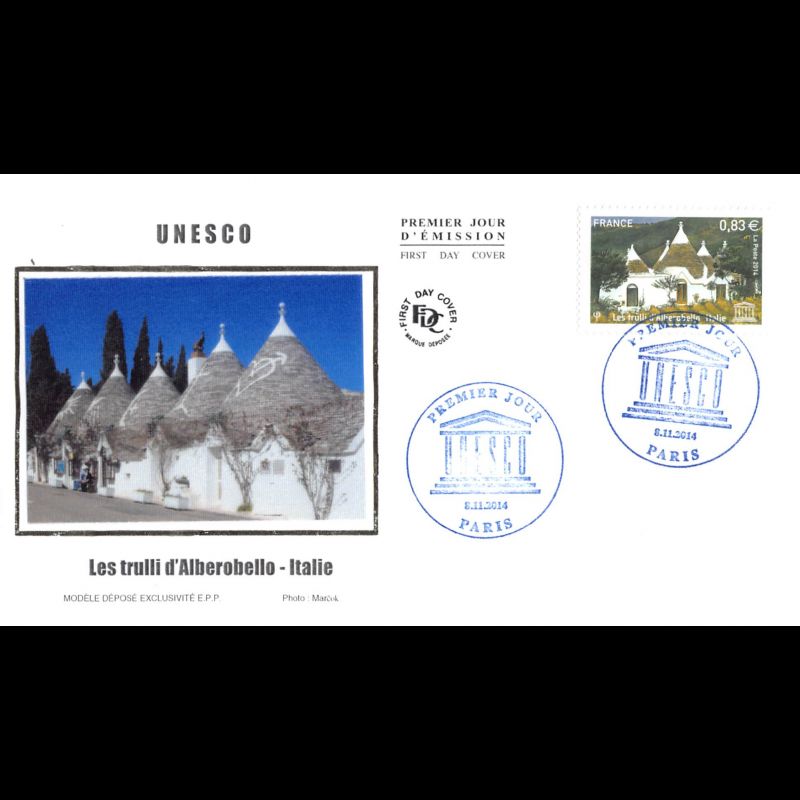 FDC soie - UNESCO 2014 - Trulli d'Alberobello - Italie, oblit 8/11/14 Paris