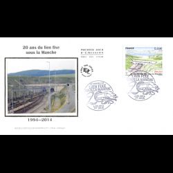 FDC soie - 20 ans du tunnel sous la Manche, oblit 6/5/14 Coquelles