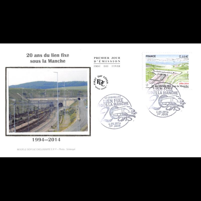 FDC soie - 20 ans du tunnel sous la Manche, oblit 6/5/14 Coquelles