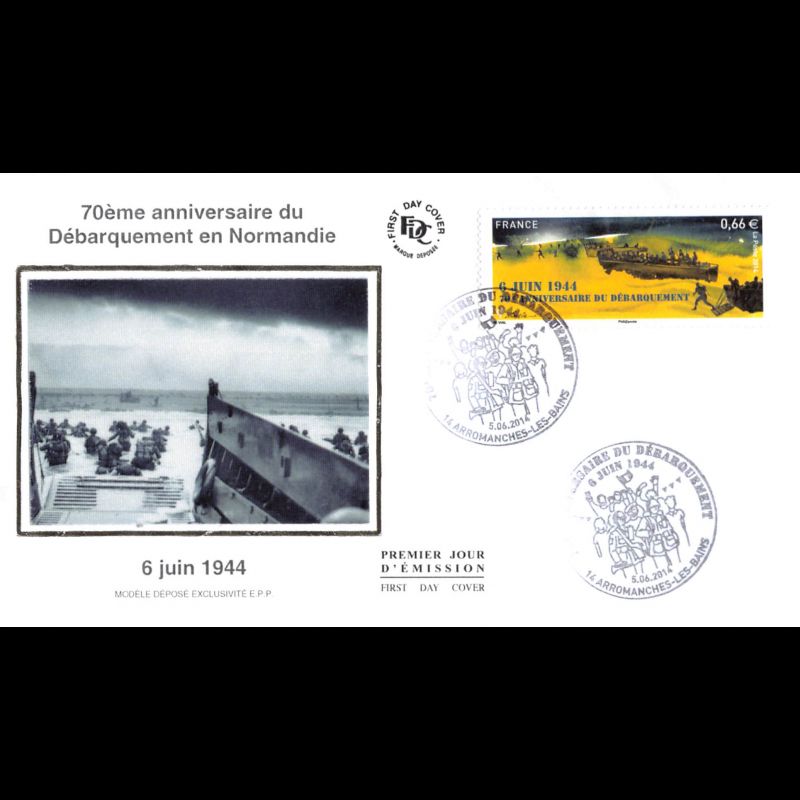 FDC soie - 70e anniv du débarquement en Normandie, oblit 5/6/14 Arromanches