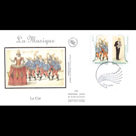 FDC soie - Musique, cor et saxophone - oblit 29/1/2010 Paris