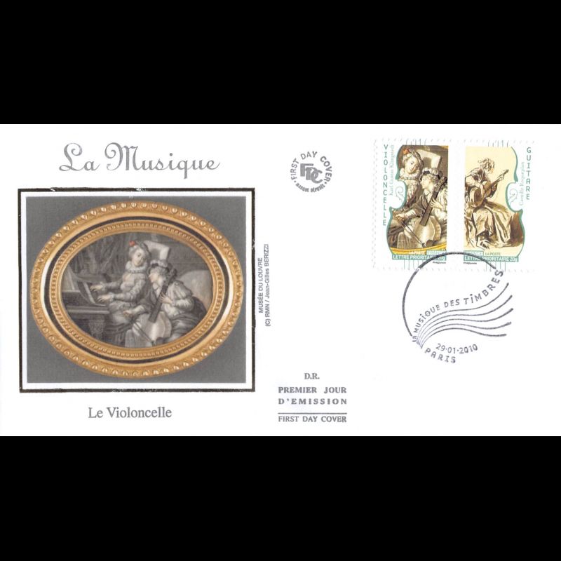 FDC soie - Musique, violoncelle et guitare - oblit 29/1/2010 Paris