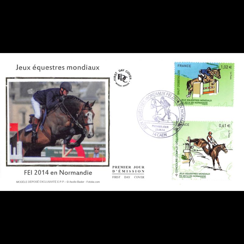 FDC soie - Jeux équestres mondiaux (4892, 4896), oblit 23/8/14 Caen