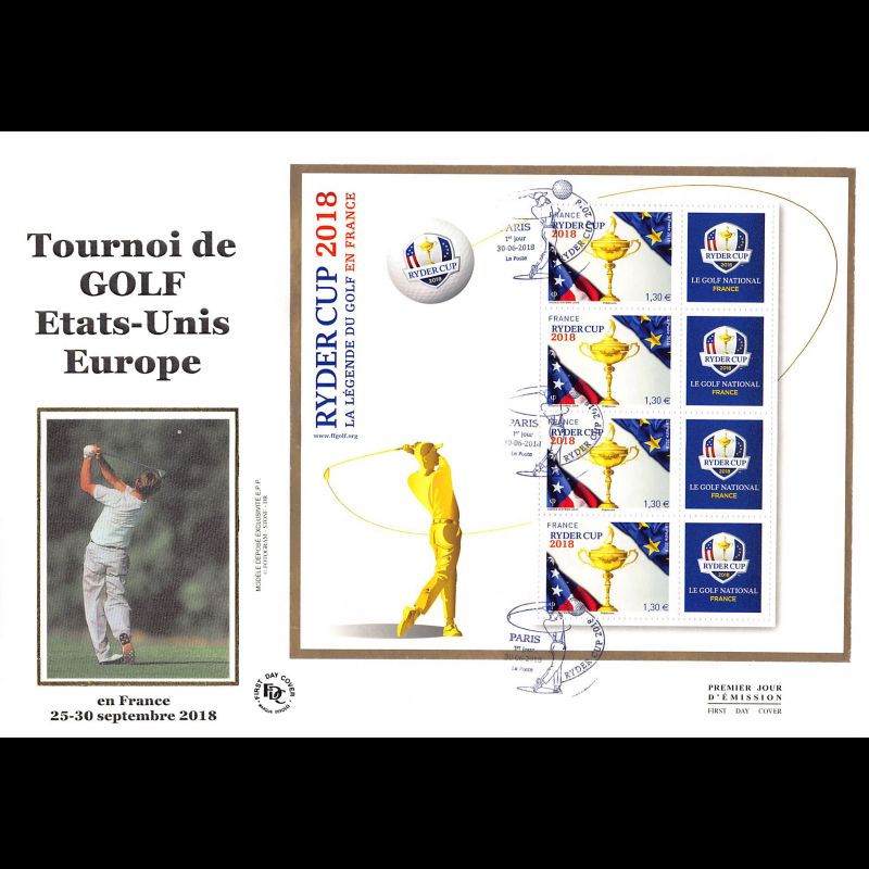 FDC GF soie - Bloc golf Ryder Cup (fond blanc) - 30/6/2018 Paris