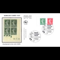FDC soie - Semeuse Camée 1922. Centenaire coin daté - 23/6/2022 Paris