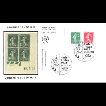 FDC soie - Semeuse Camée 1922. Centenaire coin daté - 23/6/2022 Paris