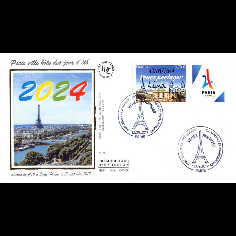 FDC soie - Jeux d'été de 2024 (surcharge Lima) - oblit 13/9/2017