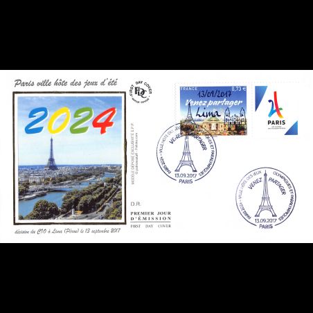 FDC soie - Jeux d'été de 2024 (surcharge Lima) - oblit 13/9/2017