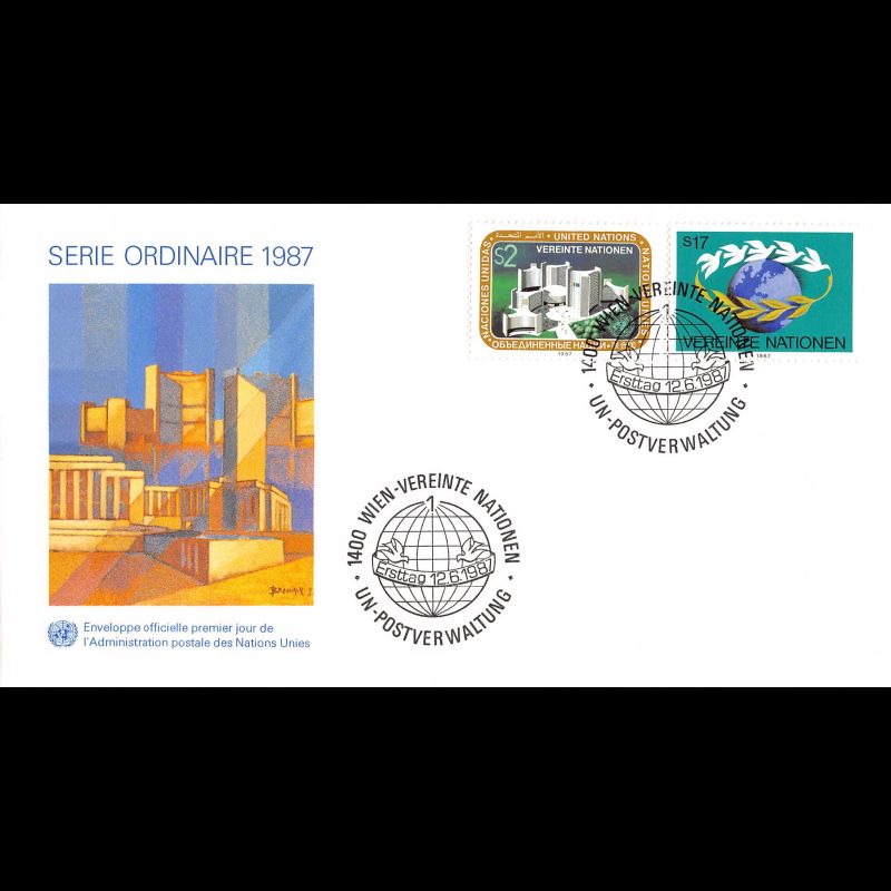 ONU Vienne - 1987 - 73 / 74 - Centre Intl de Vienne - Mappemonde, colombes…