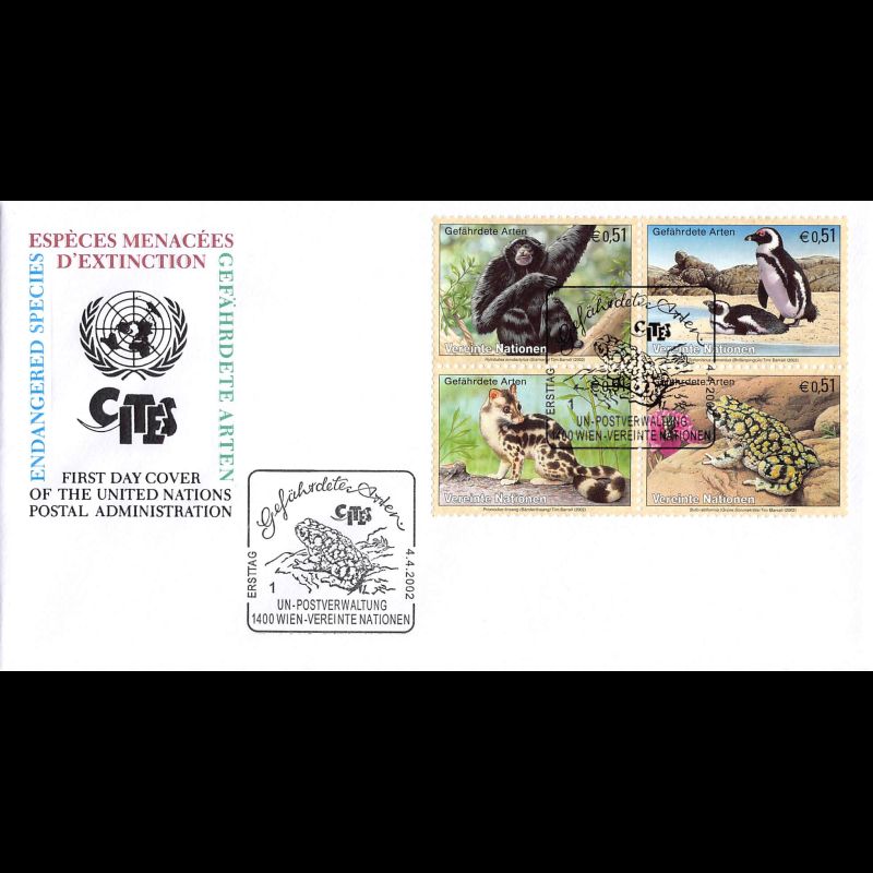 ONU Vienne - 2002 - 370 à 373 - Faune en voie de disparition