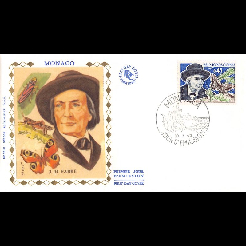 FDC soie - 150e Ann. de la naissance de J.H. Fabre, oblit PJ 30/4/73