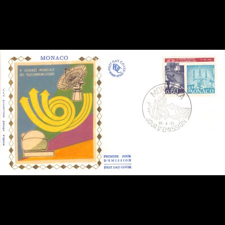 FDC soie - 5e Journée mondiale des télécommunications, oblit PJ 30/4/73