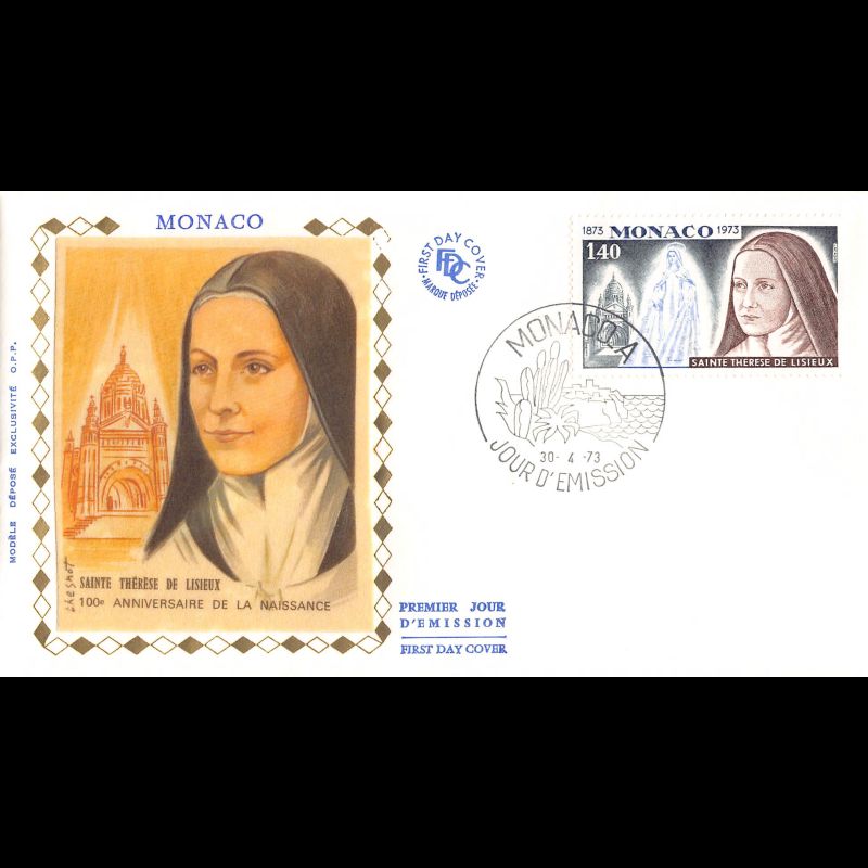 FDC soie - Centenaire de la naissance de Ste-Thérèse, oblit PJ 30/4/73