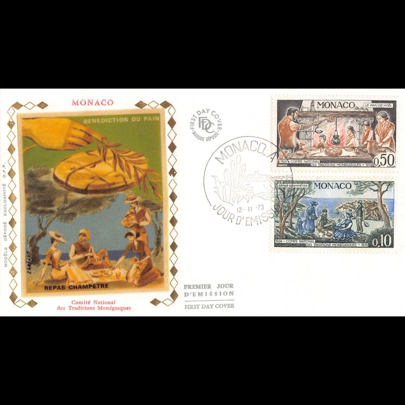 FDC soie - Les traditions folkloriques Monégasques (4 env), oblit PJ 12/11/73