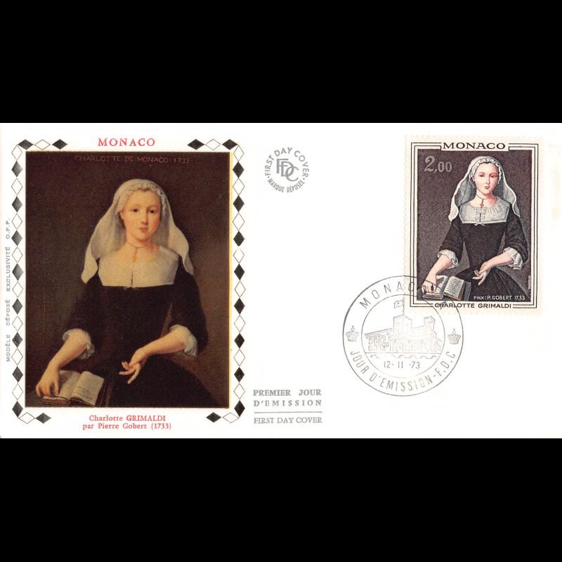FDC soie - Tableau de Charlotte Grimaldi avec coiffe, oblit PJ stand 12/11/73