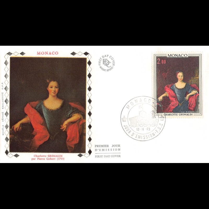 FDC soie - Tableau Charlotte Grimaldi, oblit PJ stand 12/11/73