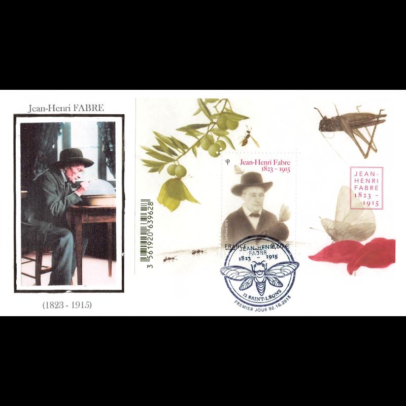 FDC soie - Jean Henri Fabre, entomologiste - oblit 2/10/15 Saint Léons