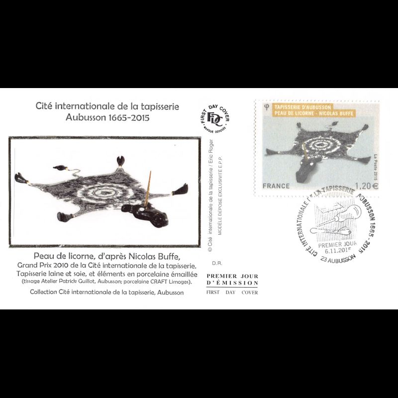 FDC soie - Cité int. de la tapisserie (2 env) - oblit 6/11/15 Aubusson