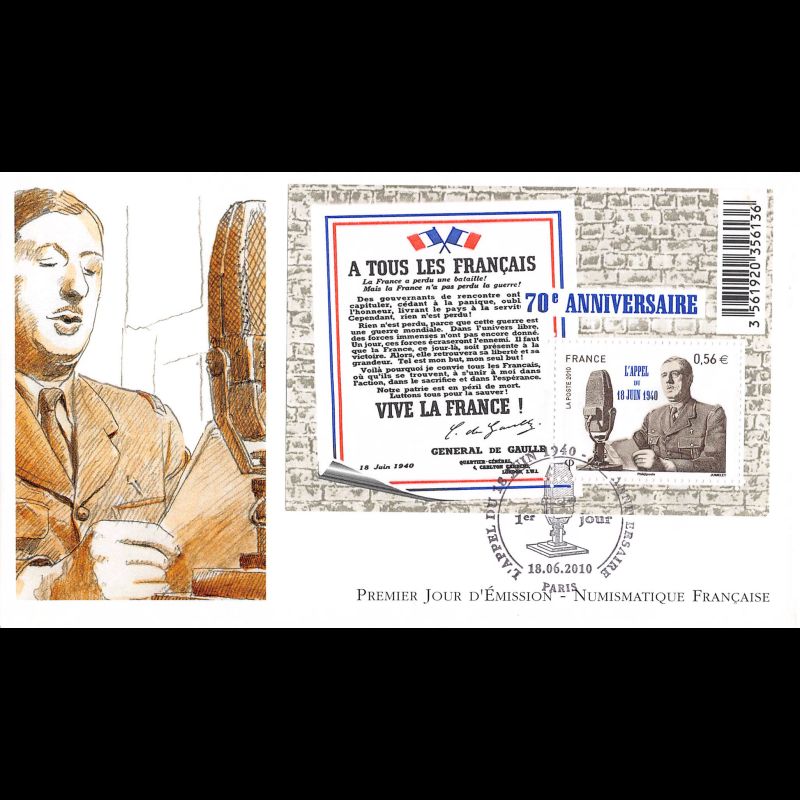FDC LNF - 70e anniv appel du 18 juin 1940 (le bloc) - oblit 18/6/2010 Paris
