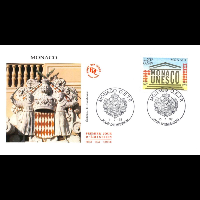 FDC JF - 50e Ann. Monaco et UNESCO, oblit 2/7/99