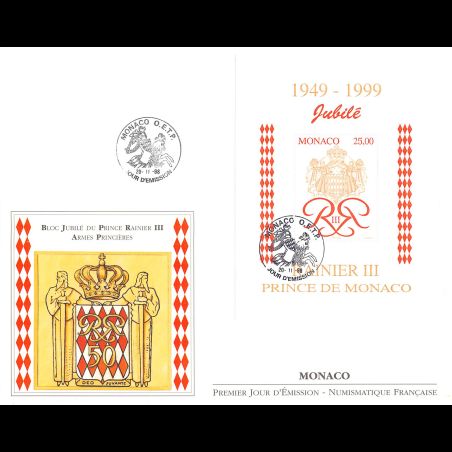 FDC GF LNF - Bloc 50e Ann. Règne Prince Rainier III, oblit 20/11/98