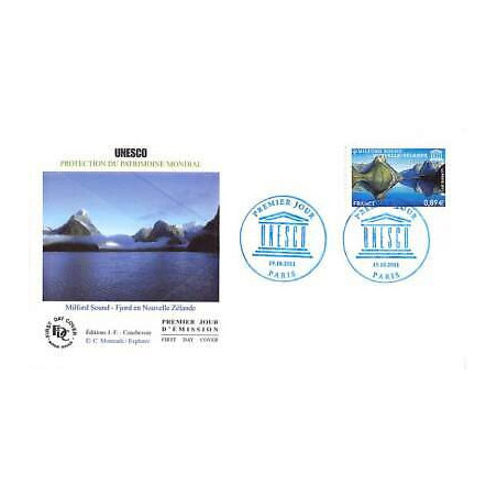 FDC - UNESCO, Milford sound, Nouvelle-Zélande, oblit 19/11/2011 Paris
